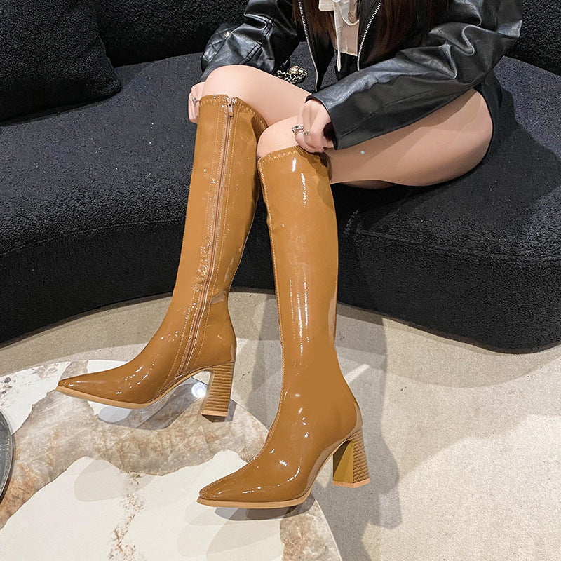 Long Boots Female below the Knee  New Chunky Heel Side Zip Patent Leather High Leg Boot Female Square Toe High Heel Riding Boots Wholesale