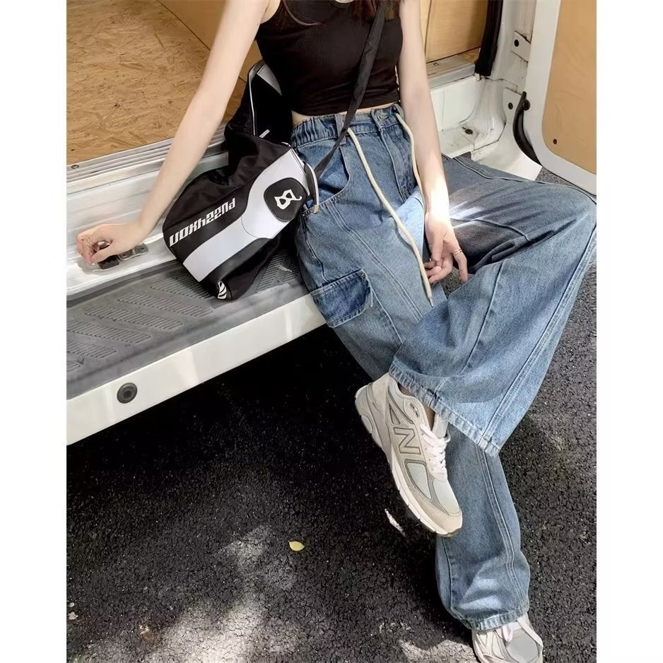 Simple Fashion Jeans Japanese Style All-Matching Trousers Ins Popular New Women's Trendy Autumn Wide-Leg Pants Natural Waist