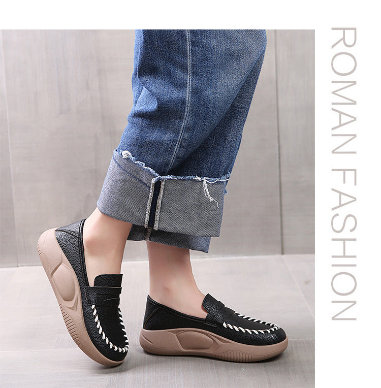 Thick Bottom Women's Soft Leather Shoes  Spring and Autumn New Korean Style Women's Loafers Slip-on Lofter Rocking Shoes