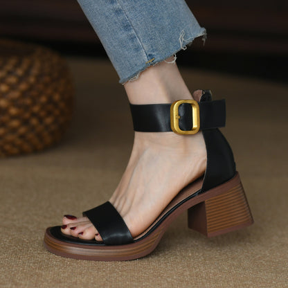 sengpashop British Style Retro Strap Sandals Women's Mid Heel Bag Heel Back Zipper Open Toe Summer High Heels Women's Chunky Heel