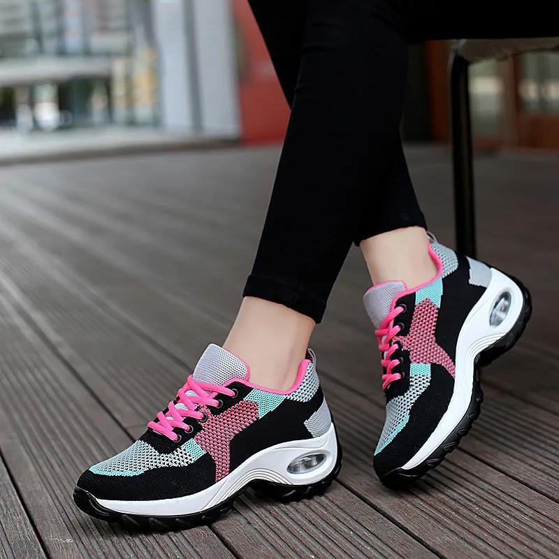 Cross-Border Spring and Autumn Women's Pumps Air Cushion Sneaker Color Matching Walking Running Shoes Fashion Fly Woven Mesh Women's Breathable Shoes