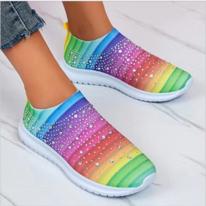 Cross-Border Foreign Trade plus Size Spring and Autumn New Fashion Leisure Rhinestone Flying Woven Women's Sports Style Casual Women's Shoes in Stock