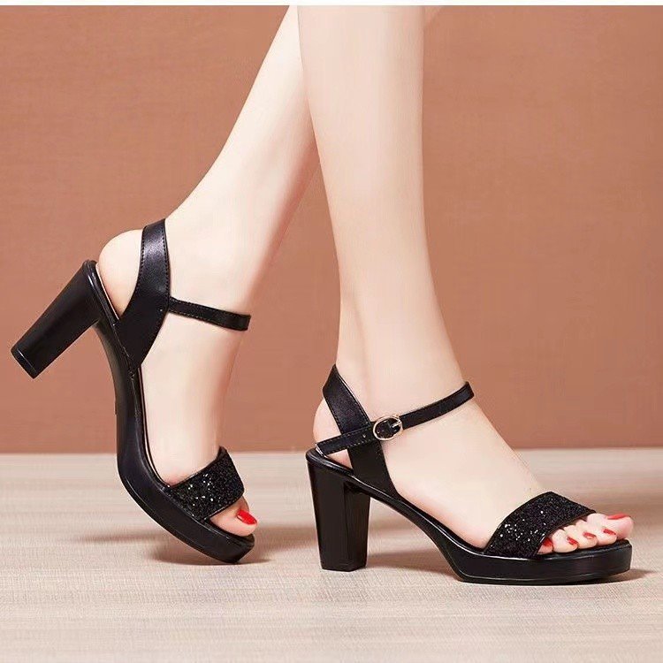 sengpashop Women's Buckle High Heel Sandals  New Summer Elegant Roman Sandals Women's Chunky Heel Model Catwalk Women's Shoes