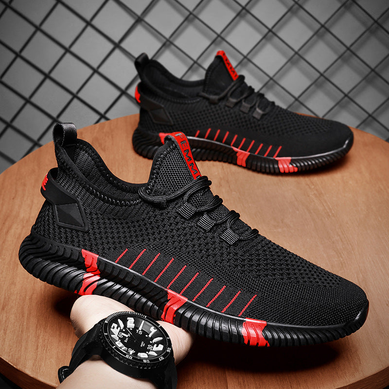 sengpashop New Mesh Black Summer Student Running Shoes Men's Flyknit Mesh Red Sports Leisure Fashion Shoes Running Shoes Breathable