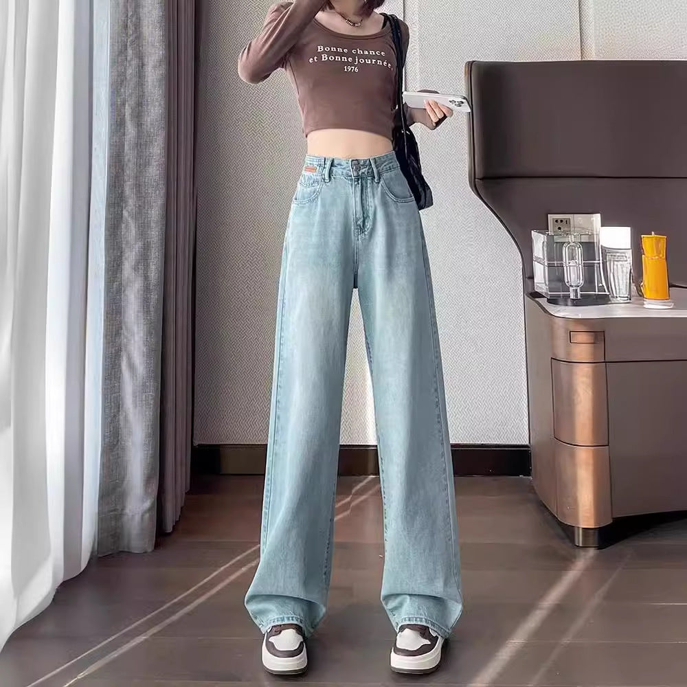 Light-Colored Jeans Women's 2024 New Spring and Autumn High Waist Loose and Slimming Embroidered Small Narrow Version Wide-Leg Pants