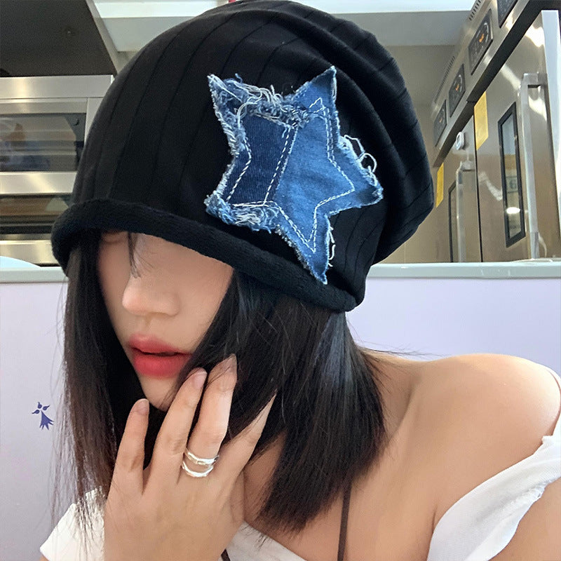 Lianfudai fall outfits 2024 Japanese Style Retro Denim Star Pile Hat Women's Autumn and Winter All-Match Fashion Bag Head Hat Niche Face-Looking Small Hat Fashion