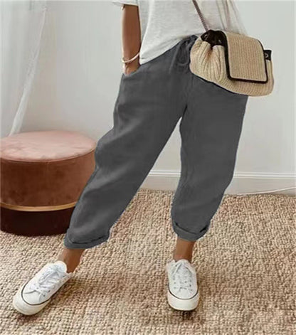 Europe and America Cross Border  New Women's Cotton and Linen Trousers Pocket Elasticated Slacks Women's Pants Lazy Relaxed Feeling