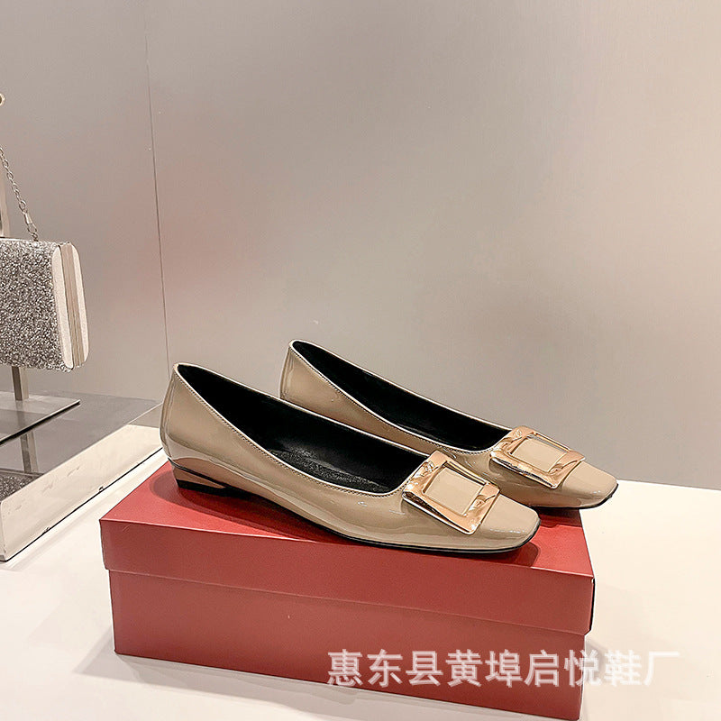 sengpashop RV Square Buckle Chunky Heel Pumps Female  Women's New Shoes for Spring Elephant Gray Patent Leather All-Matching High Heels Square Toe Low-Cut