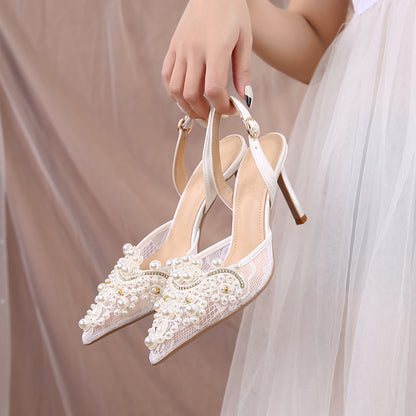 sengpashop Huidong County Sandals Women  White Wedding Shoes Women Lace Shoes Fashion High Heels Pearl Women's Shoes One Piece Dropshipping