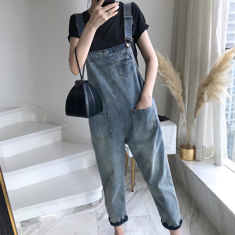 Internet Celebrity Denim Suspender Pants Women's Spring and Summer New Loose Korean Style Cat's Paw Student Monster Cute Cropped Pants