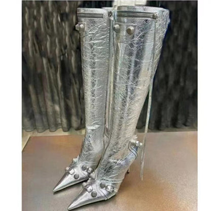 Cross-Border Foreign Trade plus Size Women's Shoes BL British Pointed Toe Stiletto Heel Women's Boots Metal Buckle High Tube Tassel Boots