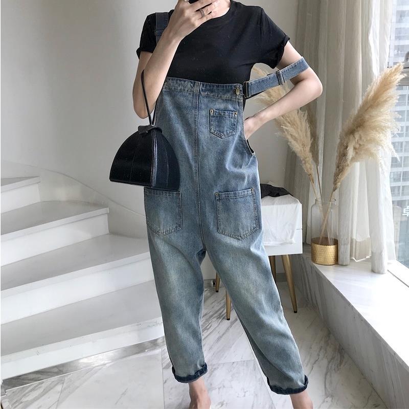 Internet Celebrity Denim Suspender Pants Women's Spring and Summer New Loose Korean Style Cat's Paw Student Monster Cute Cropped Pants