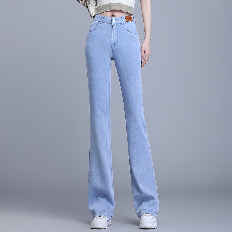 Light Color Lyocell Denim Bootcut Trousers Women's 2024 Summer New High Waist Slimming Thin Jeans Straight Flare Pants