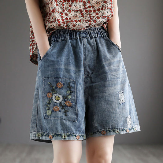 Thin 2024 New Retro Tattered Jeans High Waist Denim Shorts Women's Paste Cloth Embroidery plus Size Loose Wide Leg Pants