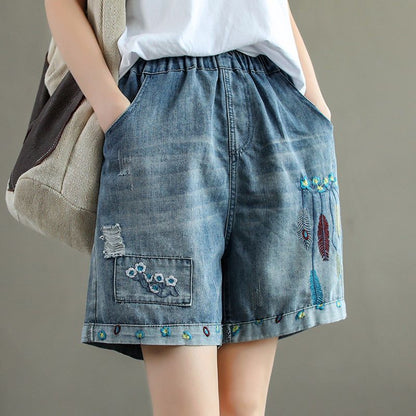 Thin 2024 New Retro Tattered Jeans High Waist Denim Shorts Women's Paste Cloth Embroidery plus Size Loose Wide Leg Pants