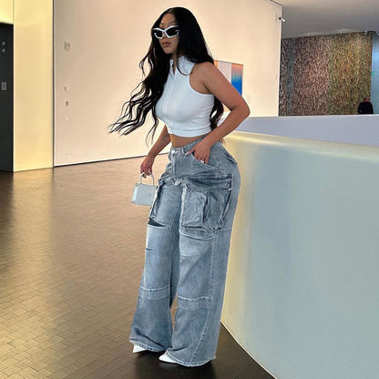 2024 Summer New High Waist Zipper Split Stitching Multi-Pocket Straight Loose Street Fashionable Denim Trousers Women