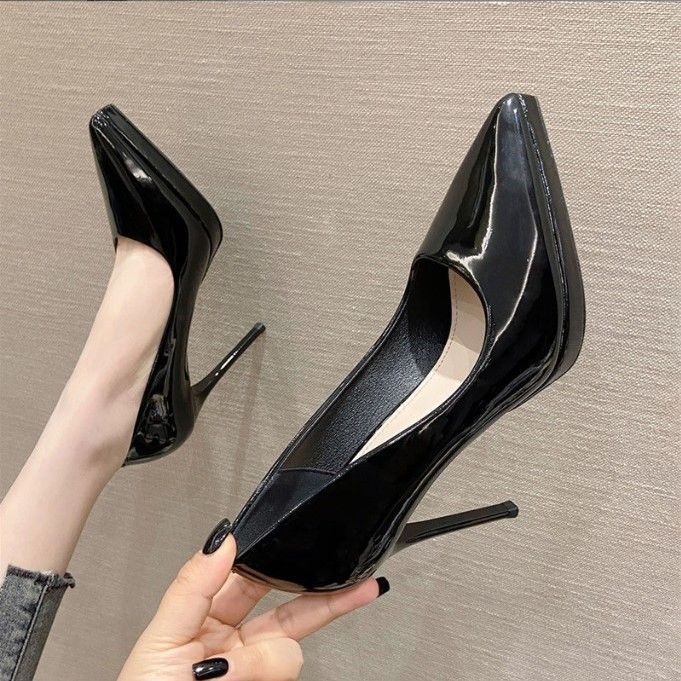 sengpashop Nude High Heels Women's Stiletto Heel  Spring and Autumn New Pointed Toe Low-Cut Waterproof Platform Gentle Pumps Patent Leather 10cm