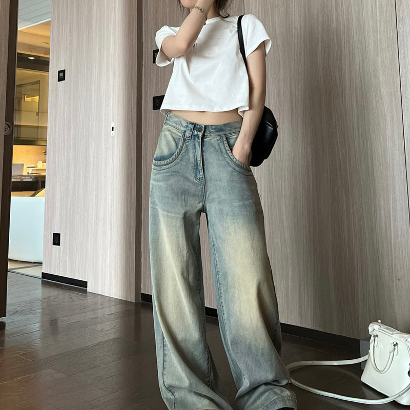 Meipin Tian S Jeans Women's American-Style High Street Small Baggy Straight Trousers Mop Pants Wide-Leg Pants Slimming Trendy