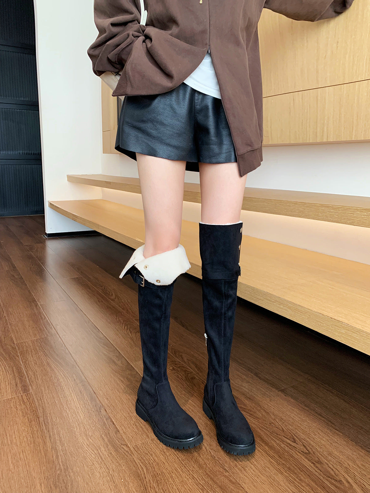New Retro round Head Flanging Two-Way Wear Thick Bottom Lambswool Surface over the Knee Boots Small Tall Knight Boots