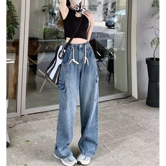 Simple Fashion Jeans Japanese Style All-Matching Trousers Ins Popular New Women's Trendy Autumn Wide-Leg Pants Natural Waist