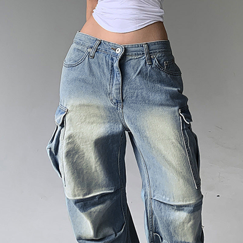 2024 Street Washed White Side Multi-Pocket Wide-Leg Jeans Women's Low Waist Loose Slimming Pleated Trousers Spring