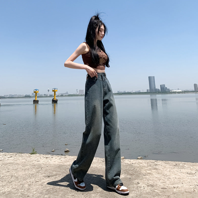 Live Broadcast Strict Selection High Waist Wide Leg Jeans Women's Summer Thin Design Loose Slimming Small Straight Mopping Pants