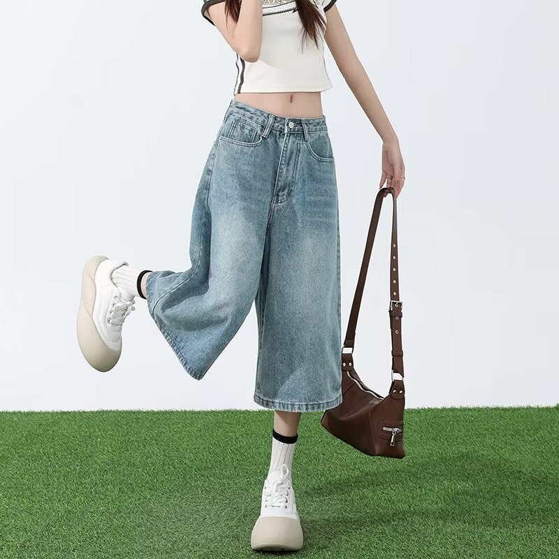 Light Blue Cropped Jeans Women's Summer Thin 2024 New High Waist Slimming and Straight Loose Cropped Wide Leg Pants