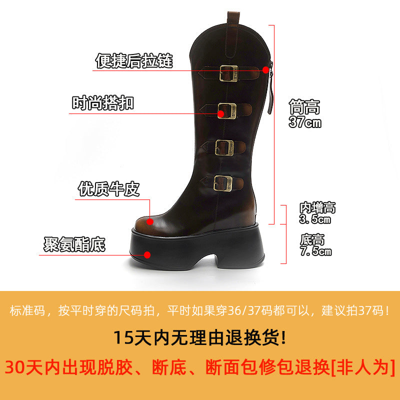 Same Style Chunky Heel Martin Boots Women's Retro High Leather Boots Brushed Western Cowboy Boot Women's Metal Belt Buckle Knight Boots