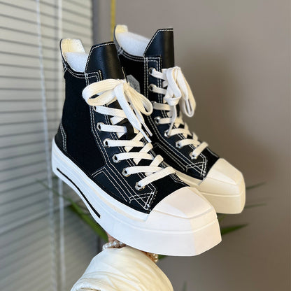 Square Toe High-Top Canvas Shoes for Women  Spring and Summer New Geometric 1970S Platform Hight Increasing Board Shoes Platform Sneakers
