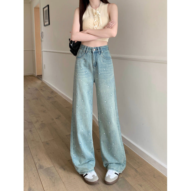 Real Shot Rhinestone Multi-Color Wide Leg Jeans for Women 2024 Spring and Summer New High Waist Straight Loose Draggle-Tail Trousers Tide