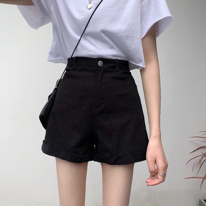 Women's Cotton High Waist Slimming Denim Shorts 2024 Summer New Wide Leg Leisure Fashion Women's Wear Solid Color Retro Bottoms