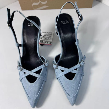 sengpashop Sky Blue Denim Pointed Buckle High Heel Sandals Cross Strap  New Women's Shoes Za High Heels  Style