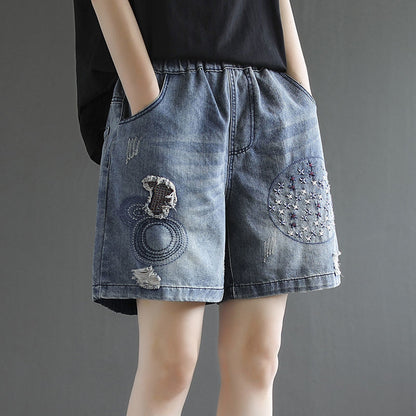 Thin 2024 New Retro Tattered Jeans High Waist Denim Shorts Women's Paste Cloth Embroidery plus Size Loose Wide Leg Pants