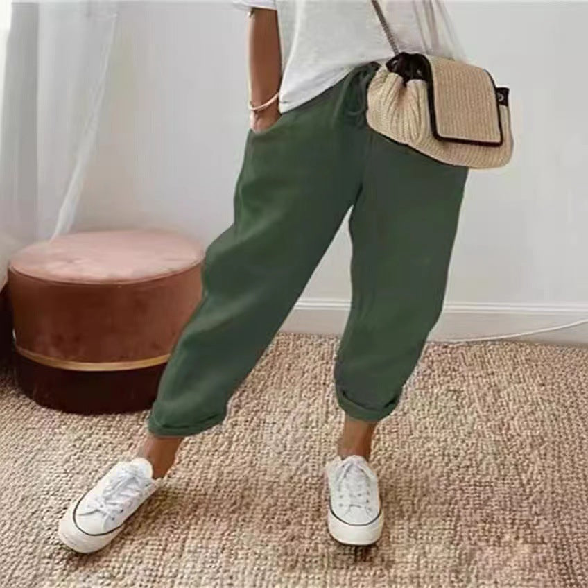 Europe and America Cross Border  New Women's Cotton and Linen Trousers Pocket Elasticated Slacks Women's Pants Lazy Relaxed Feeling