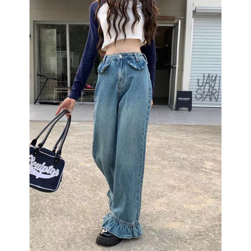 In Stock New Hong Kong Style Loose Slimming Slightly Flared Spring and Autumn Jeans Korean Style High Waist Mop Trousers Women Ruffles