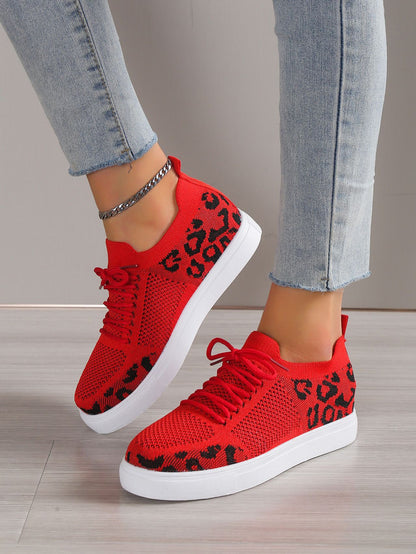 Cross-Border plus Size Women's Casual Sports Single-Layer Shoes  New Leopard Print round Head Lace-up Flat Bottom Comfort Mesh Women's Shoes