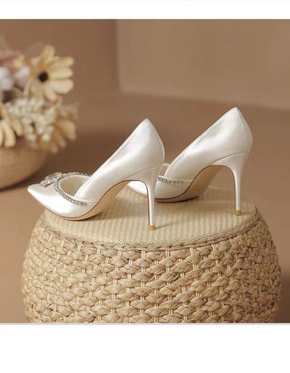 sengpashop Guanghe Bright High-Grade  Beauty Wedding Reception Shoes Wedding Shoes Women's Bridal Shoes White Rhinestone High-Heeled Wedding Dress Single