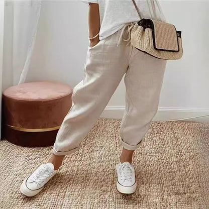 Europe and America Cross Border  New Women's Cotton and Linen Trousers Pocket Elasticated Slacks Women's Pants Lazy Relaxed Feeling