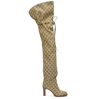 HOTan Station round Toe Printed High Heel Lace-up Adjustable Shoes over-the-Knee Boots Personality plus Size Catwalk Chunky Heel Catwalk Boots