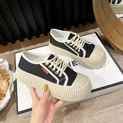 Summer New Trendy Women's Shoes Korean Style Canvas Shoes Thick Bottom Bread Shoes Fashion Ins White Shoes Platform Shoes Soft Bottom