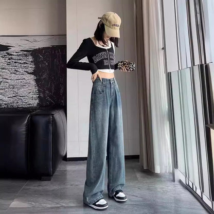 High Waist Wide Leg Jeans for Women Autumn New High-End Elegant Slimming Tall and Small Drooping Straight Mop Pants