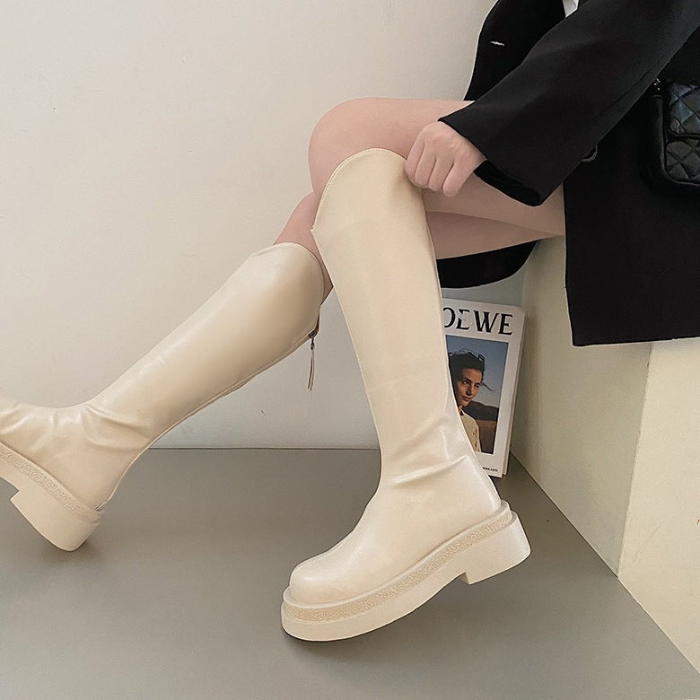 British Thick Bottom Small White Boots Women's New Autumn and Winter V Cut Show Thin Black Long Boots