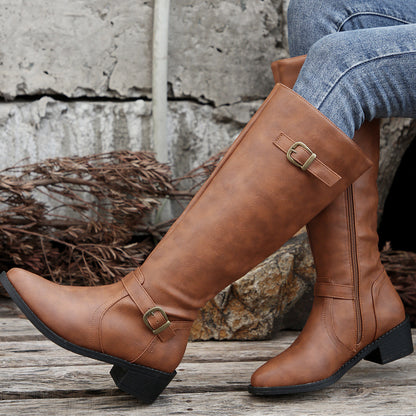 Autumn and Winter New Women's Boots Square Heel HOTan and NEWn Tall Knight Boots Belt Buckle Solid Color Women's Boots