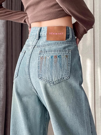 Light-Colored Jeans Women's 2024 New Spring and Autumn High Waist Loose and Slimming Embroidered Small Narrow Version Wide-Leg Pants