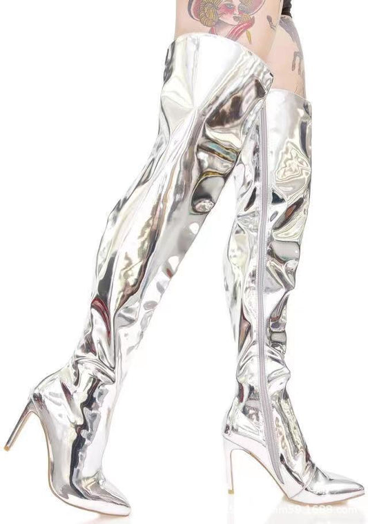 Fall  New   Silver over-the-Knee Boots HOTan and NEWn Style Stiletto Heels Size 43