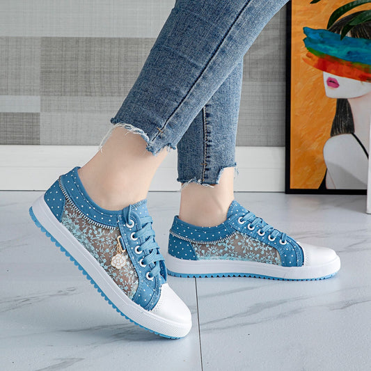 2018 Summer Korean New Women's Hollow-out Denim Mesh Shoes Flat Casual Shoes Breathable Cloth Shoes Student Mesh Shoes
