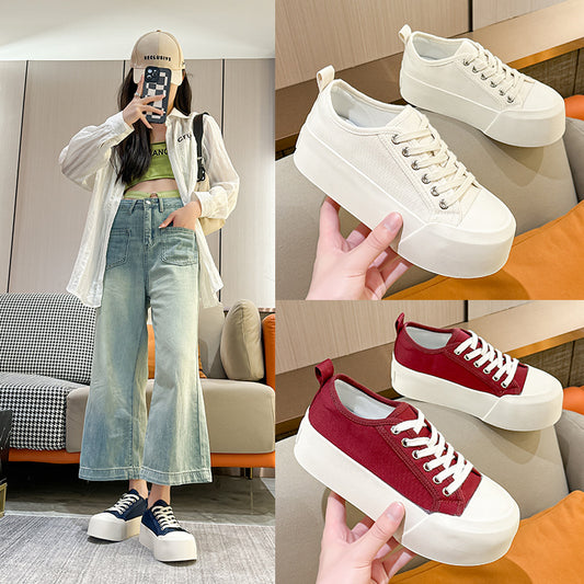 Canvas Shoes Women's Casual  New Lace-up Sneakers Sports College Style Thick Sole Increased Solid Color Low Top Fashion Shoes