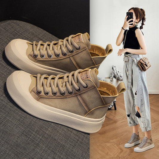 Soft Soled Flats Women's Shoes Retro Genuine Leather Platform High-Top Shoes Boots Popular  Autumn and Winter New Lace up All-Match
