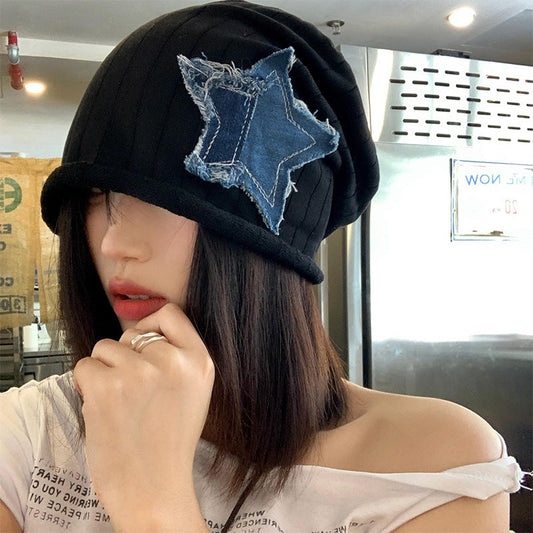 Lianfudai fall outfits 2024 Japanese Style Retro Denim Star Pile Hat Women's Autumn and Winter All-Match Fashion Bag Head Hat Niche Face-Looking Small Hat Fashion