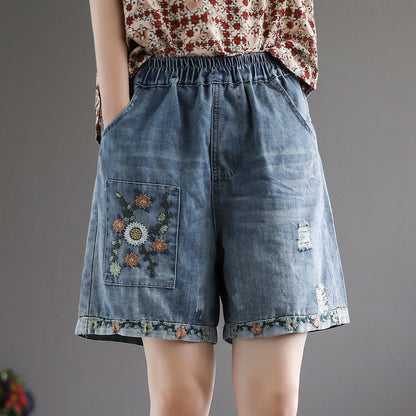 Thin 2024 New Retro Tattered Jeans High Waist Denim Shorts Women's Paste Cloth Embroidery plus Size Loose Wide Leg Pants